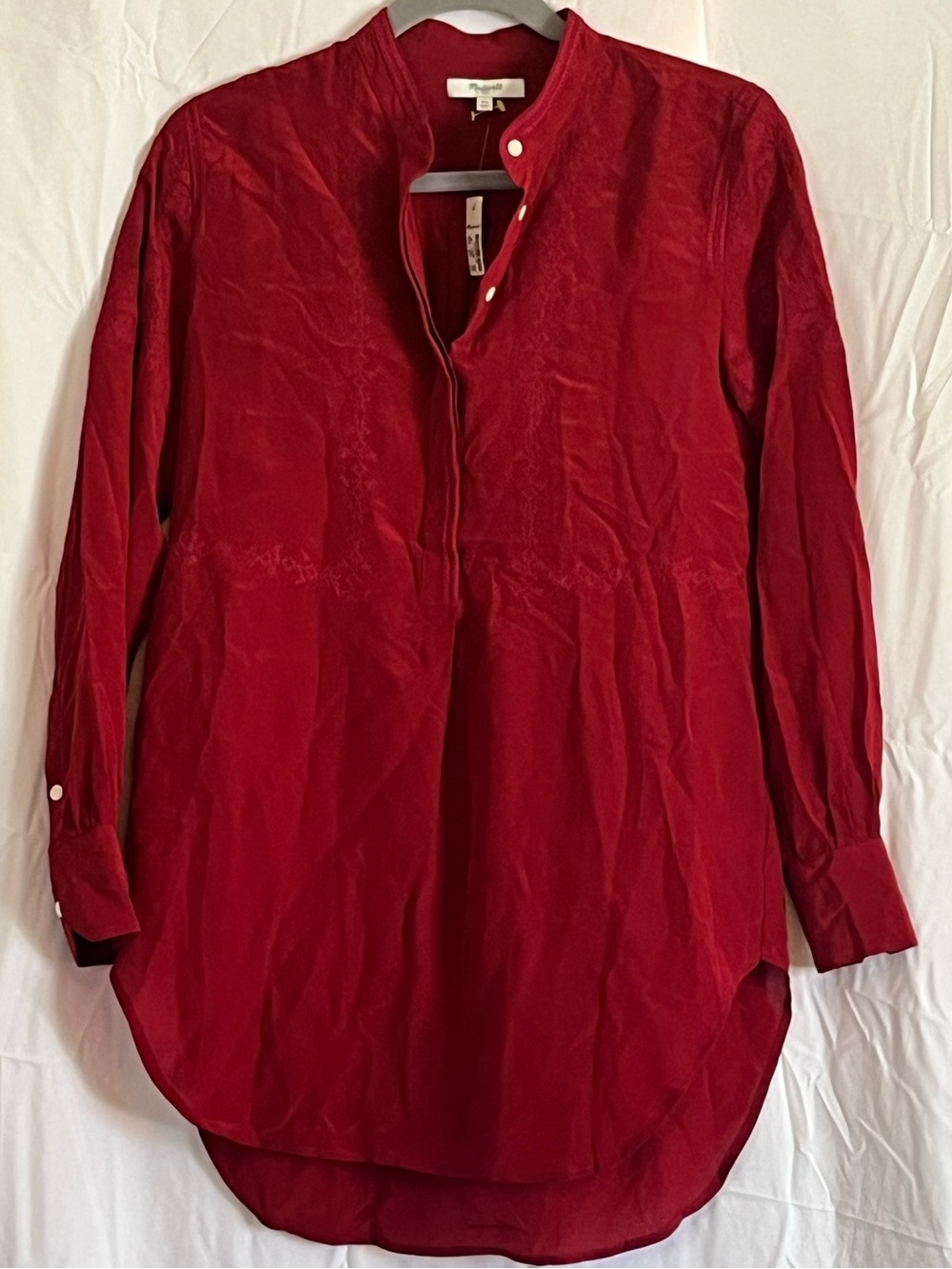 Madewell Crimson Red Long-Sleeve embroidered silk Tunic Shirt ex